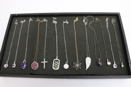 13 sterling pendants with sterling necklaces