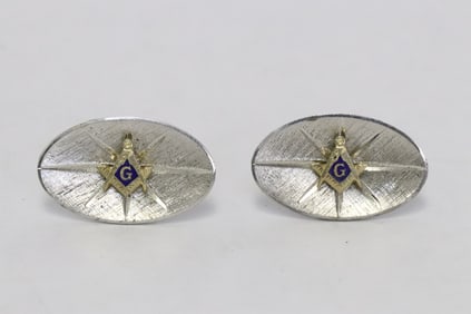 Pair sterling cufflinks w/ 10K Y/G Masonic symbol