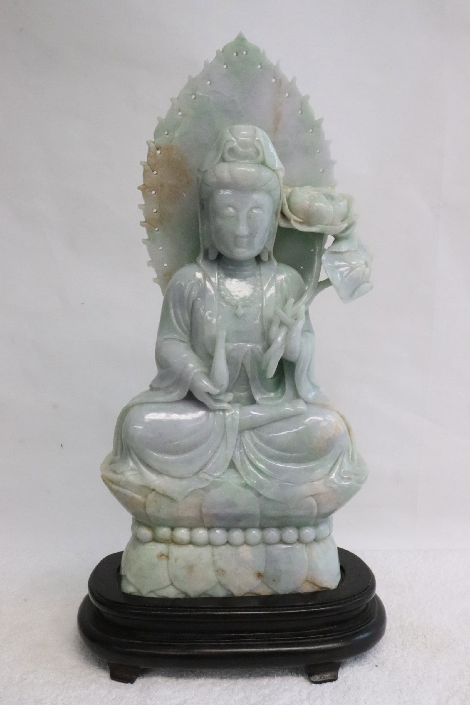 Chinese lavender/ light apple green jadeite carved deity (1 of 10)