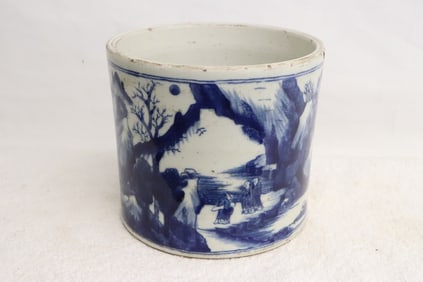 A large blue and white porcelain brush holder