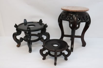 2 Chinese lg rosewood stands, & a marble top stool