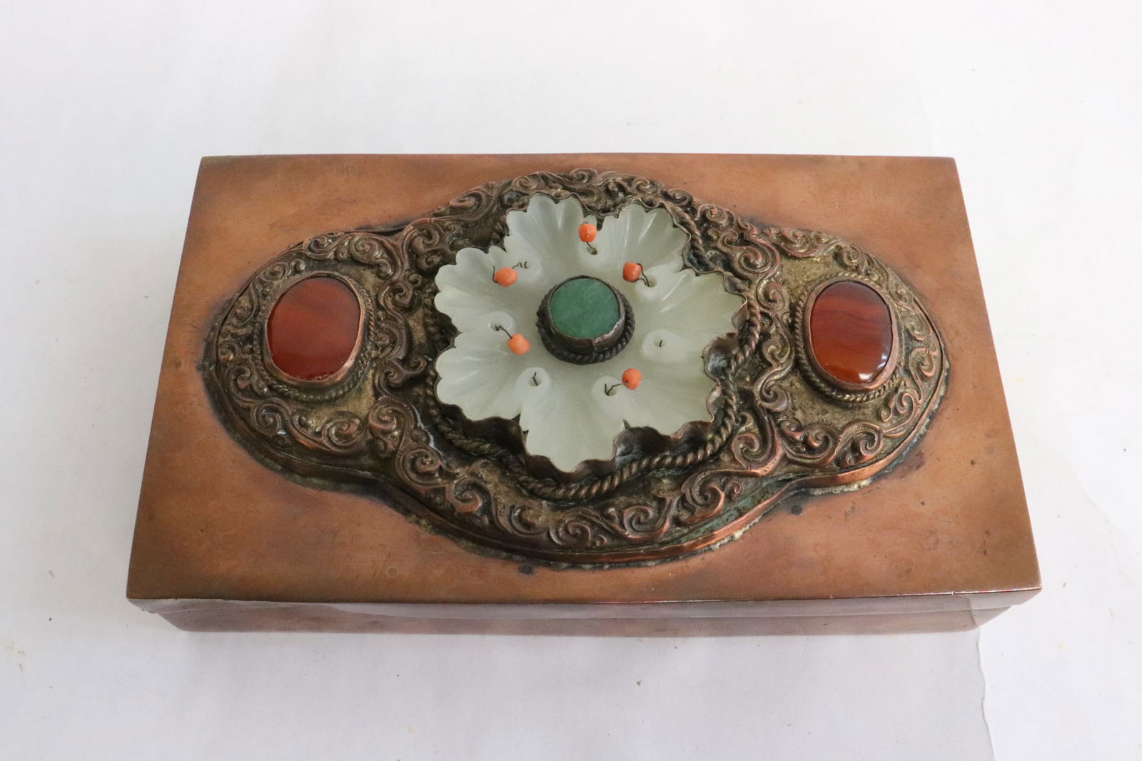 Chinese copper box w/ an 18th/19th c. hetian jade (1 of 10)