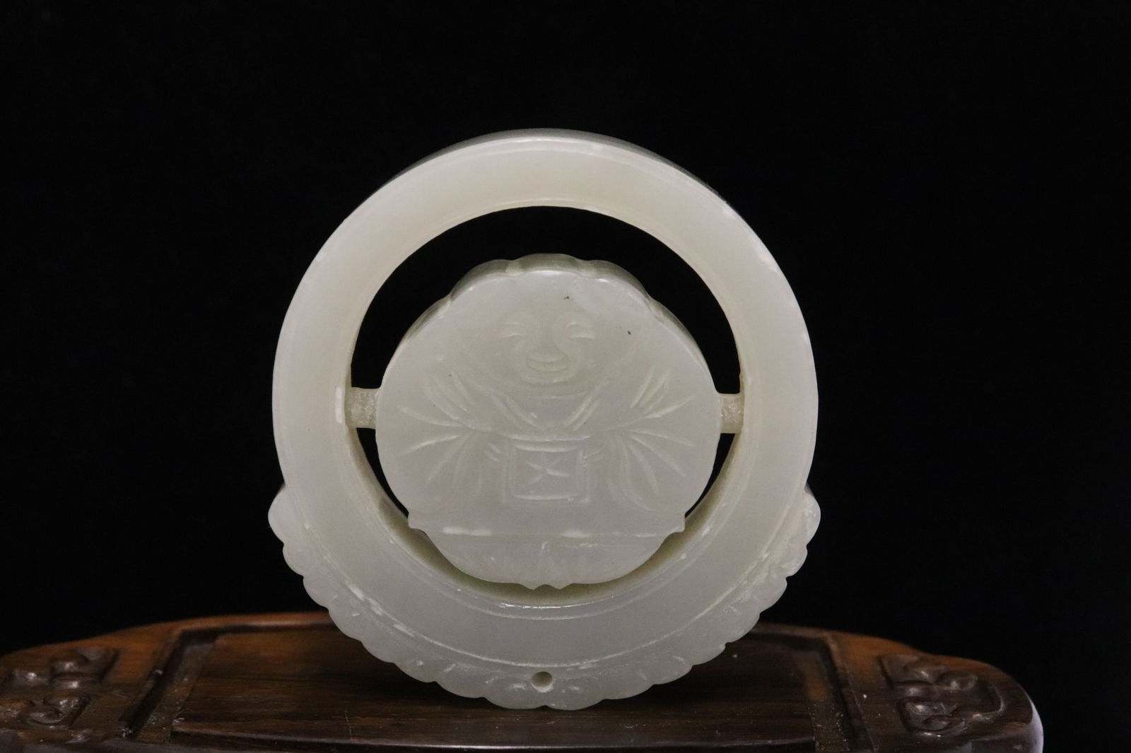 Chinese antique celadon jade carved ornament: Chinese antique celadon jade carved ornament with a rotatable center, 0.5"x2"x1.9"