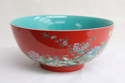 Large red background famille rose porcelain bowl