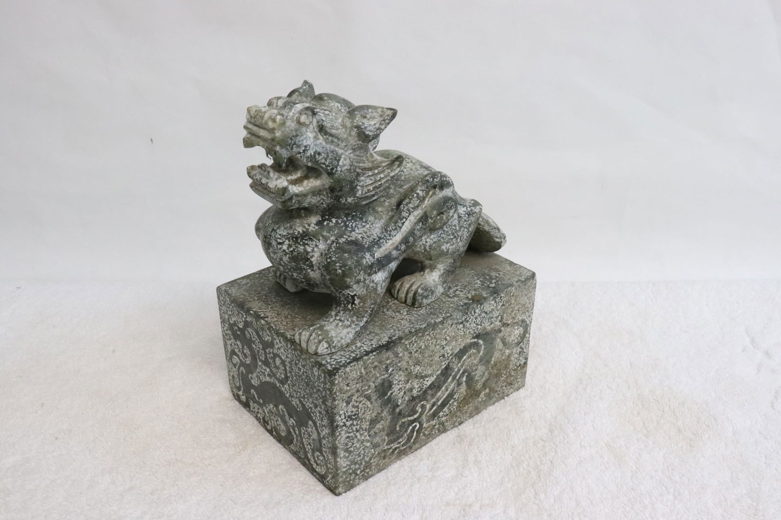 A large stone carved seal with qilin motif finial (1 of 7)