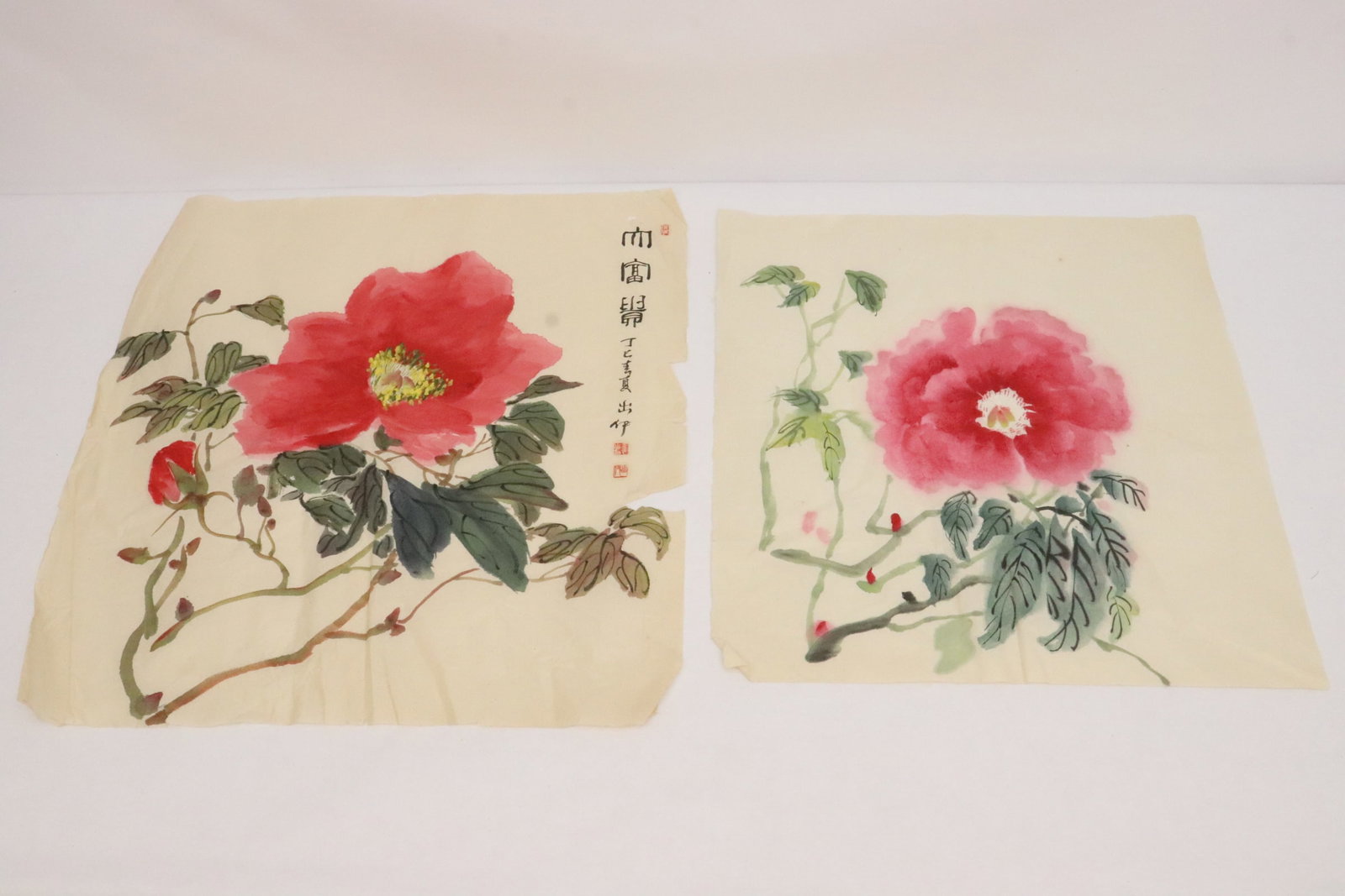 2 Korean watercolors on paper. tears on edge: 2 Korean watercolors on paper. tears on edge, 19.2"x18.3", 22"x21"