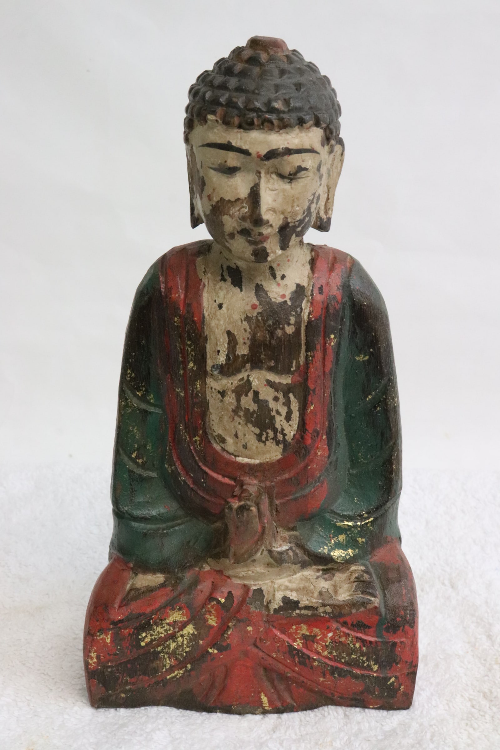Korean vintage polychrome wood carving: Korean vintage polychrome wood carved deity, original gilding worn, 8.3"H