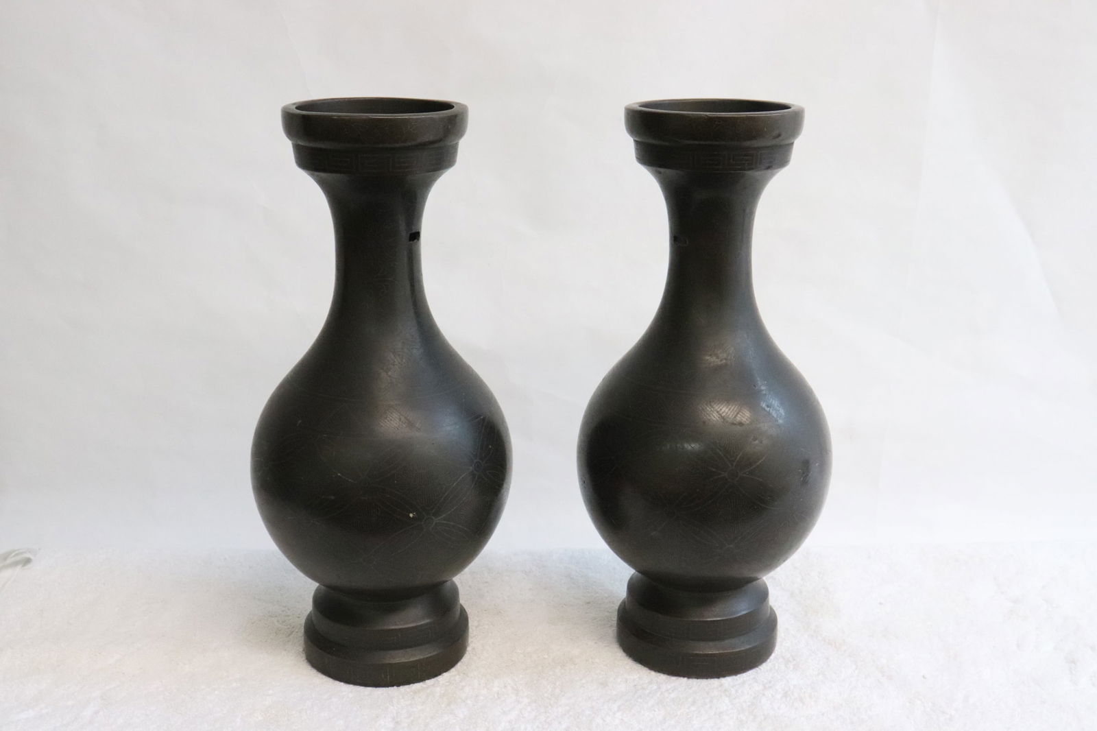 Pair very heavy silver inlaid bronze vases (1 of 12)