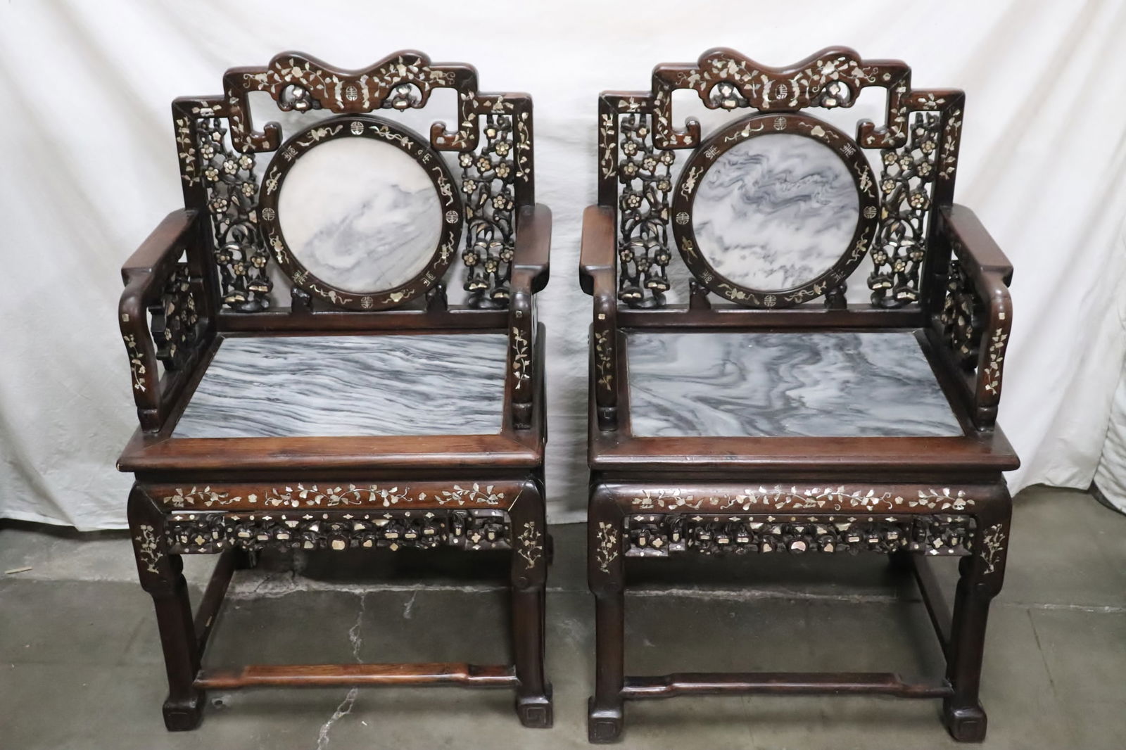 Pr Chinese vintage rosewood armchairs w/ MOP inlaid (1 of 16)