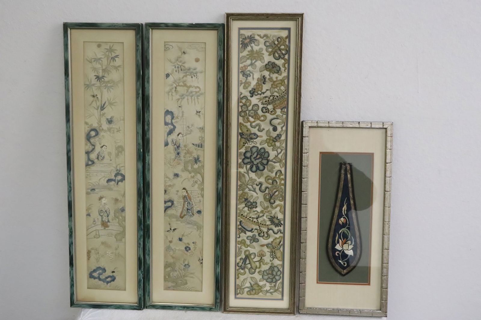 4 Chinese antique framed embroidery panels: 4 Chinese antique framed embroidery panels, 8.7"x2.7" - 11.8"x2.9"