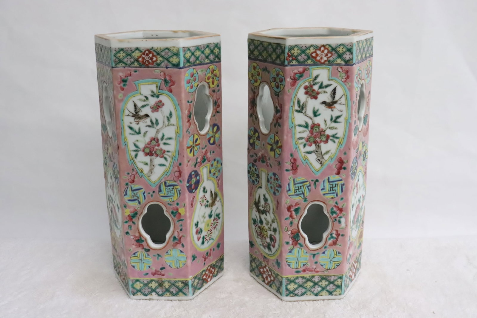 Pair Chinese late 19th century famille rose porcelain hat vases: Pair beautiful Chinese late 19th century famille rose porcelain hat vases, 11"x4.5"x5" ea