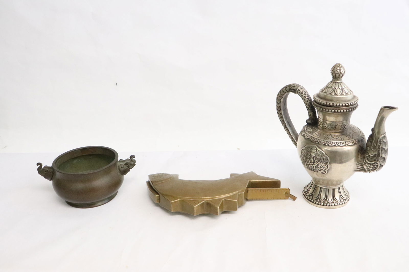white bronze teapot, bronze censer, & a bronze lock (1 of 11)