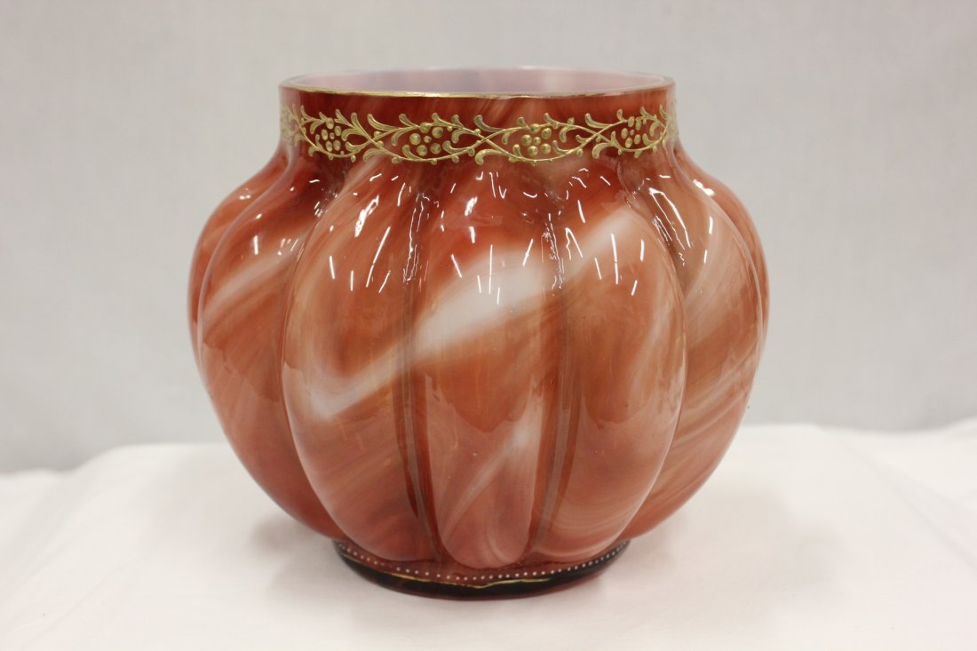 Loetz Marmoriertes art glass jardeniere: A fine Victorian Loetz Marmoriertes art glass jardeniere, 6.3"Hx7"dia