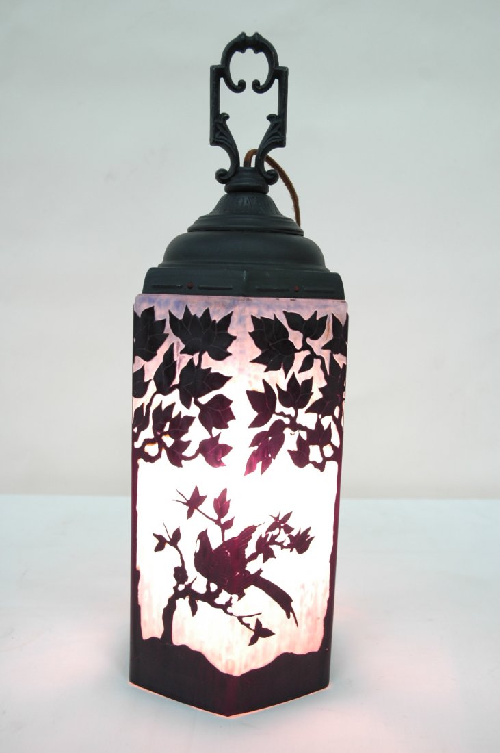 unsigned Steuben cameo glass shade ceiling lamp: An important unsigned Steuben cameo glass shade ceiling lamp, decorated with flowers and leaves, 16.5"Hx6"x5.25"