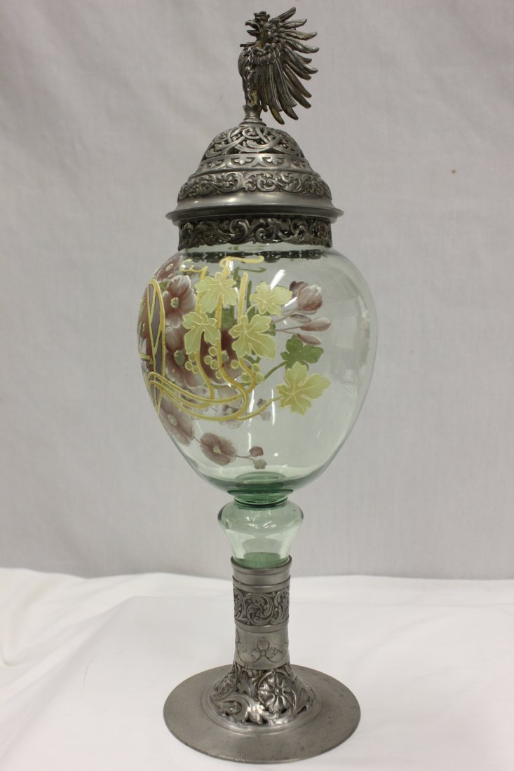 Victorian enameled chalice tankard: Victorian enameled chalice tankard with figural gargoyle motif cover, 15.5"Hx4.75"dia