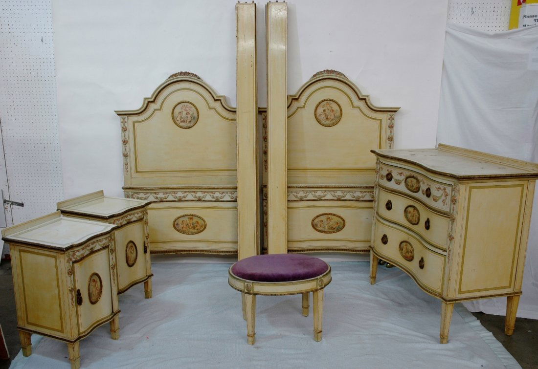 beautiful 5pc French bedroom set: Beautiful 5pc French antique bedroom set with panel painted with angel scene, including chest of drawers (37"x36"x21"), 2 night stands (26.5"x15.5"x16") and 2 twin bed frames (55.9"x39.2"x81")