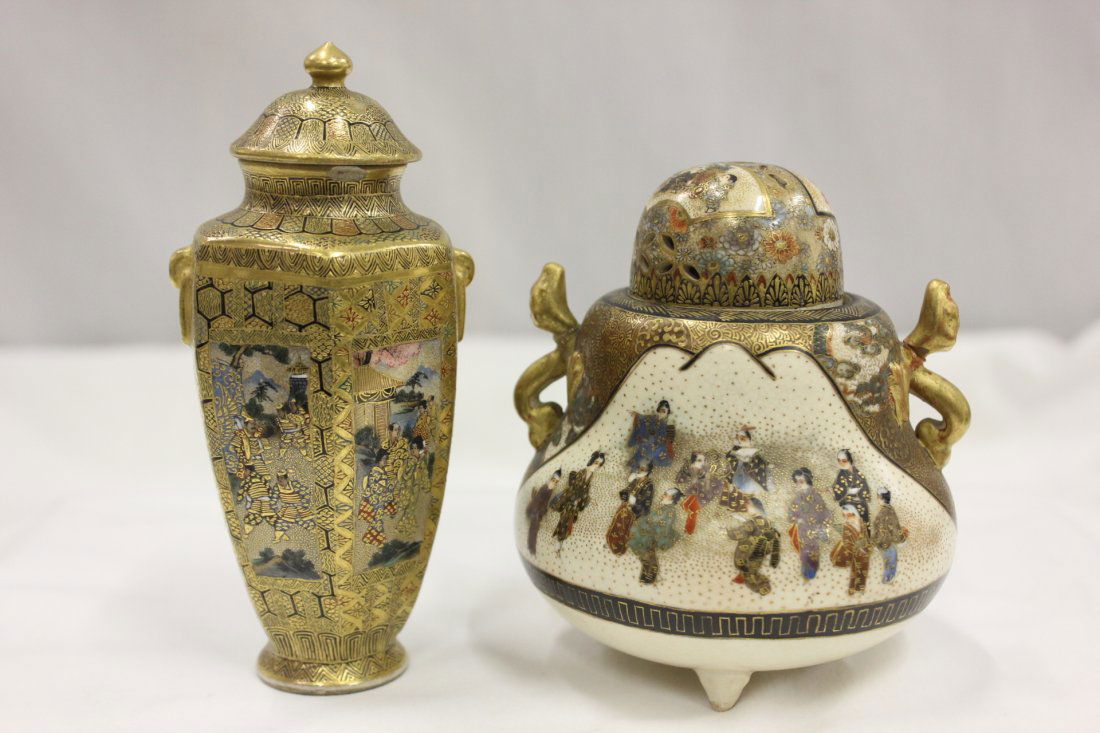 Japanese Satsuma covered vase & Jap. Satsuma koro: Japanese antique Satsuma covered vase (5.25"Hx2.3"x2.2") and Japanese antique Satsuma koro (top repair and chip) (4.3"Hx3.5"dia)