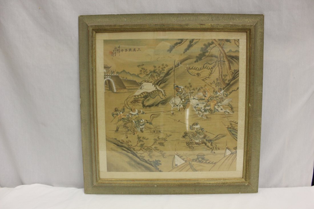 Chinese watercolor on silk depicting war scene: Chinese watercolor on silk depicting war scene, signed and dated, 17"x17"