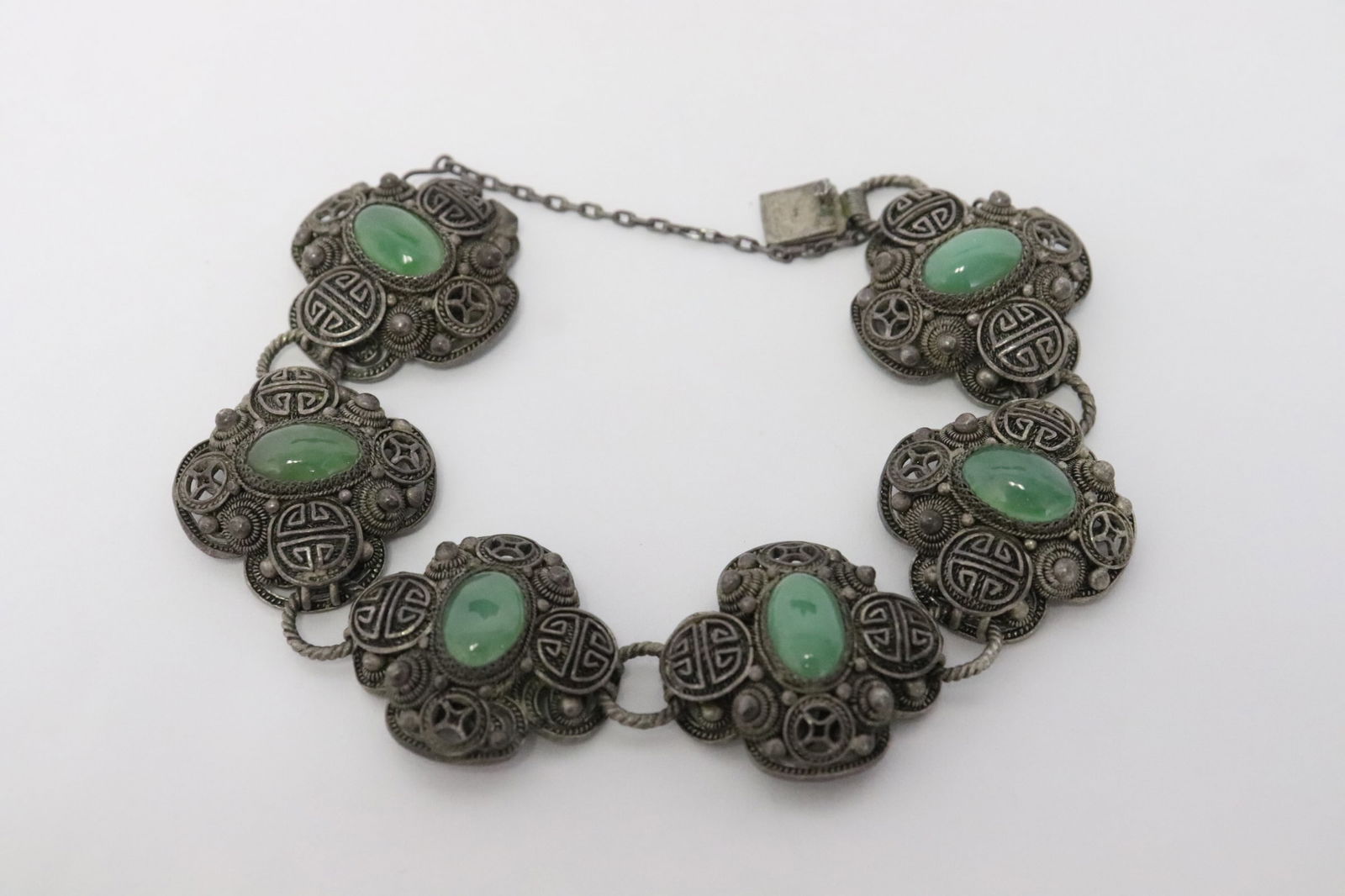 Chinese antique silver bracelet w/ 6 jadeite cabochons (1 of 7)