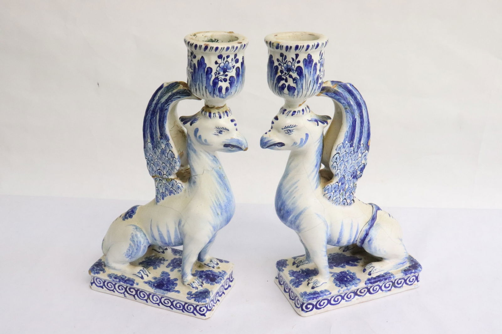 Pair 18th c. Dutch Delft b&w porcelain candle holders (1 of 9)