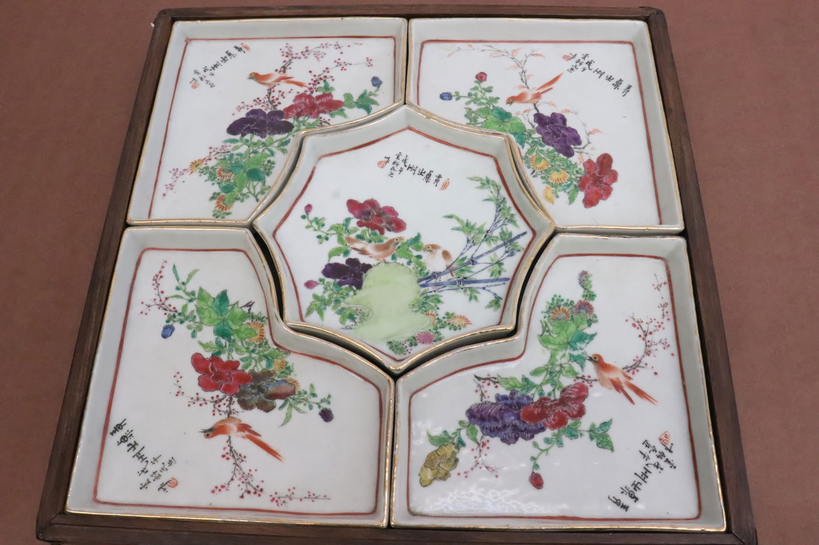 Chinese antique famille rose porcelain candy set: Chinese antique famille rose porcelain candy set, 0.7"x5.2"x5.3" - 0.7"x5.15"x5.5"