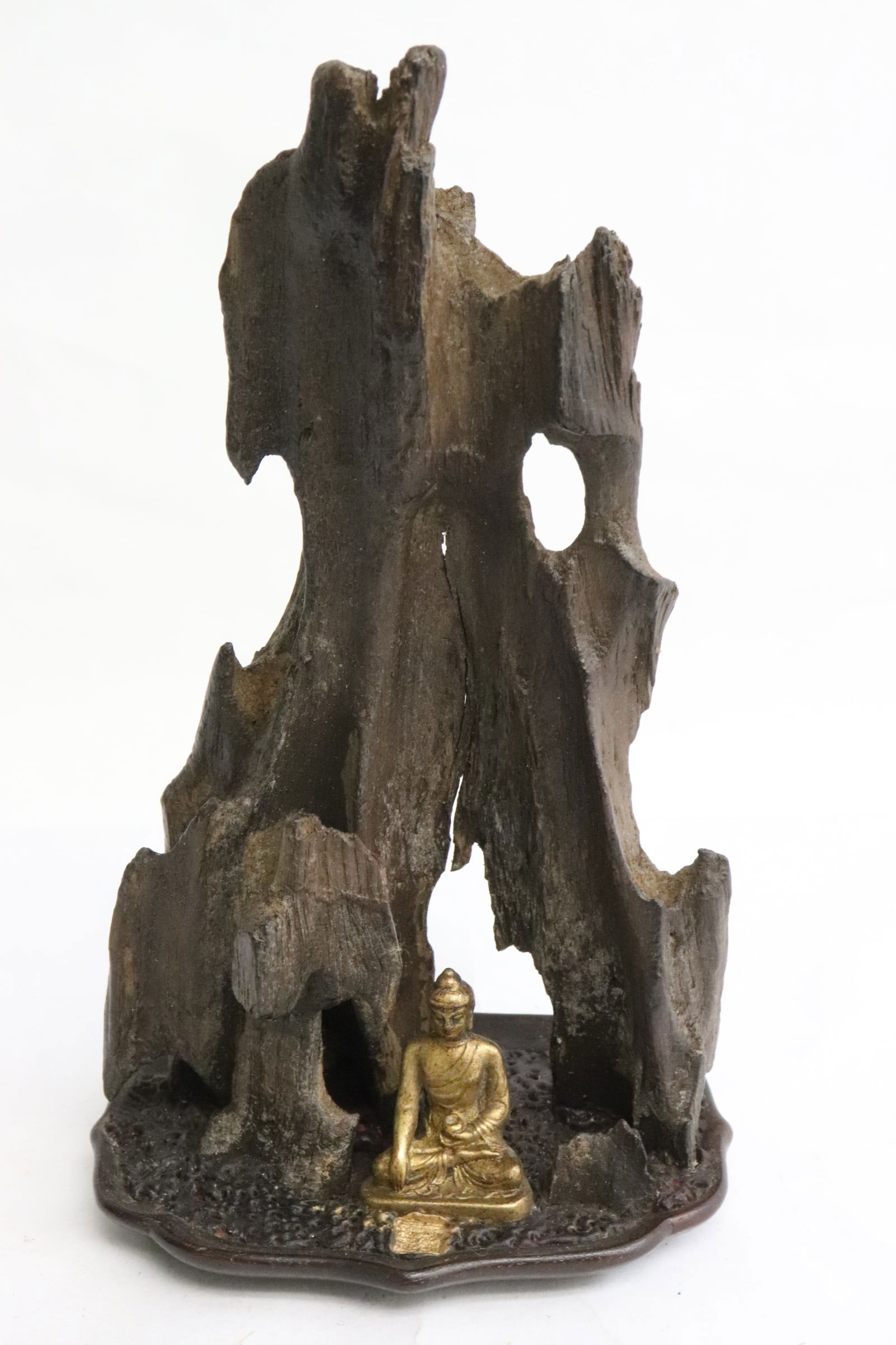 Very unusual Chinese wood carving: Very unusual Chinese wood carving in mountain motif with gilt sculpture of deity at bottom, 7.25"H