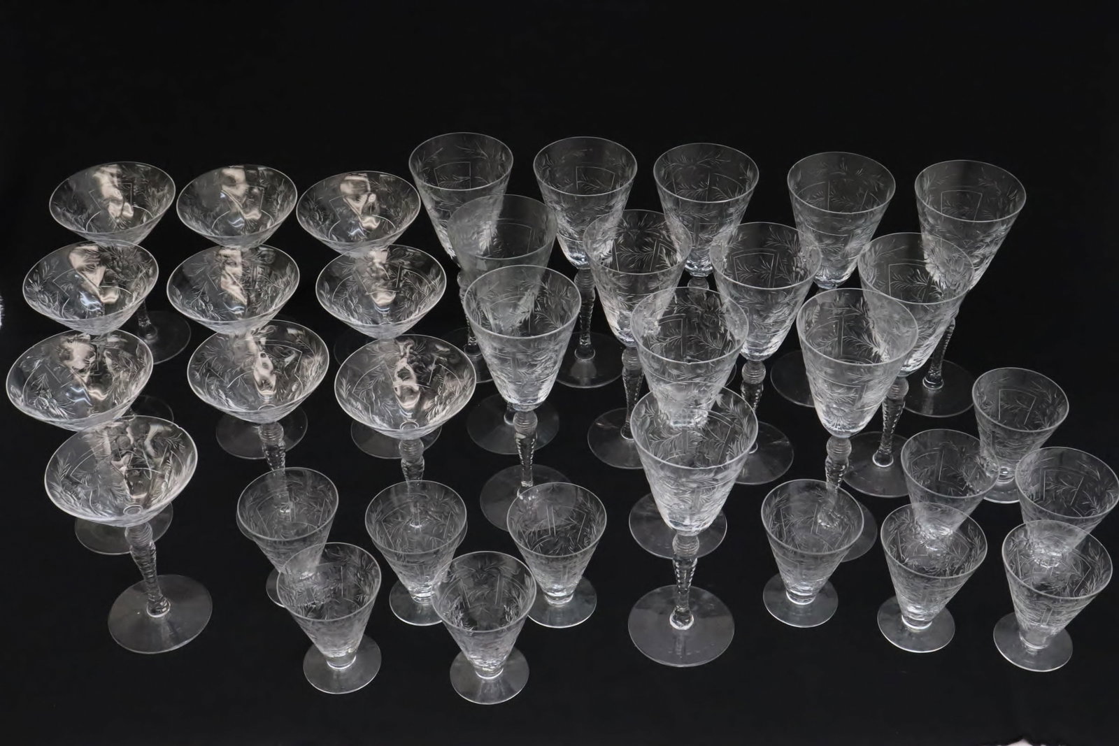 Set of depression glass wine goblet set: Set of beautiful depression glass wine goblet set, total 34 pieces, small flea bite on some of pieces