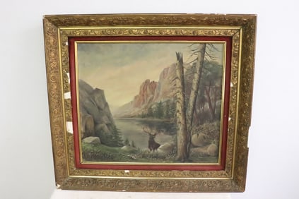 19th century oil on panel "landscape with deer"