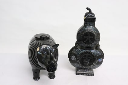 2 Chinese black lacquer items w/ MOP inlaid