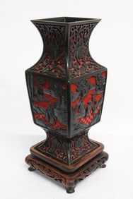 A cinnabar square vase, chip on corner