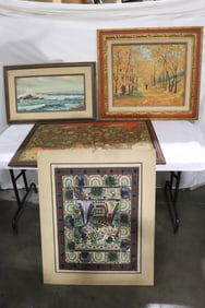 2 oil paintings, pastel on paper, & a cartoon style US map