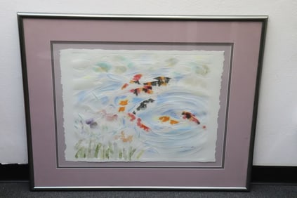 Unusual etching/ painting on embossed paper, signed