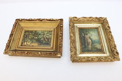 2 oil on panel paintings; "landscape", and "nude"