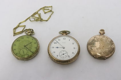 3 Elgin pocket watches, one with fob