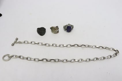3 vintage silver rings, & a sterling silver watch fob