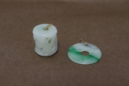 2 vintage jadeite carved pendants with 14K bale
