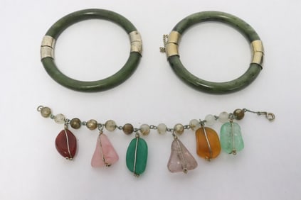 a bracelet w/ color stones, & 2 green stone bangles