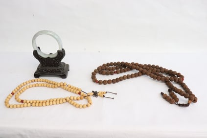 jadeite like bangle w/ stand, & 2 bead necklaces