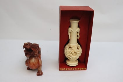 Stone carved qilin, and a resin carved vase