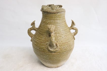 light brown glazed covered jar w/ 4 handles