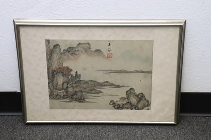 Framed vintage Chinese watercolor panel