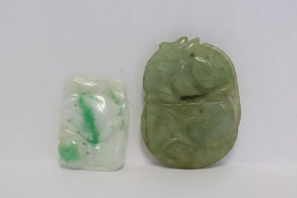 jade carved ornament, & an antique jadeite carved plaque