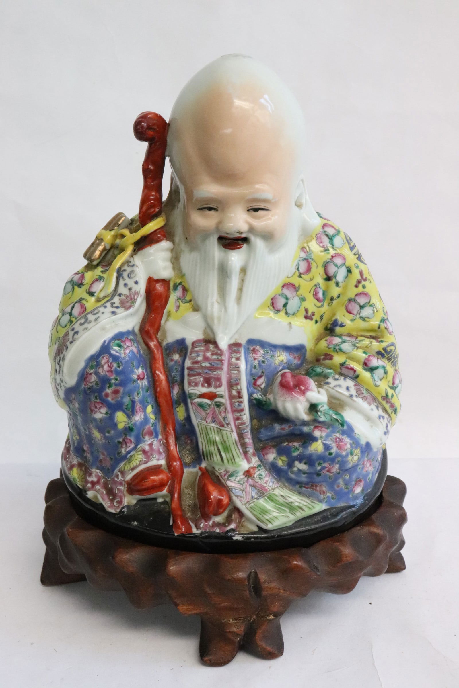 Chinese antique famille rose sculpture of deity w/ stand: Chinese antique famille rose porcelain sculpture of deity (8.3"H) with stand