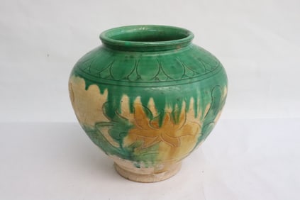 Chinese Tang sancai earthenware jar, c900AD
