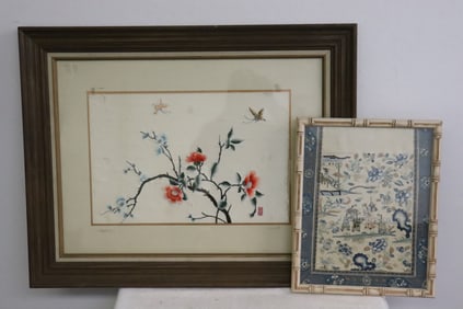 2 Chinese vintage framed embroidery panels