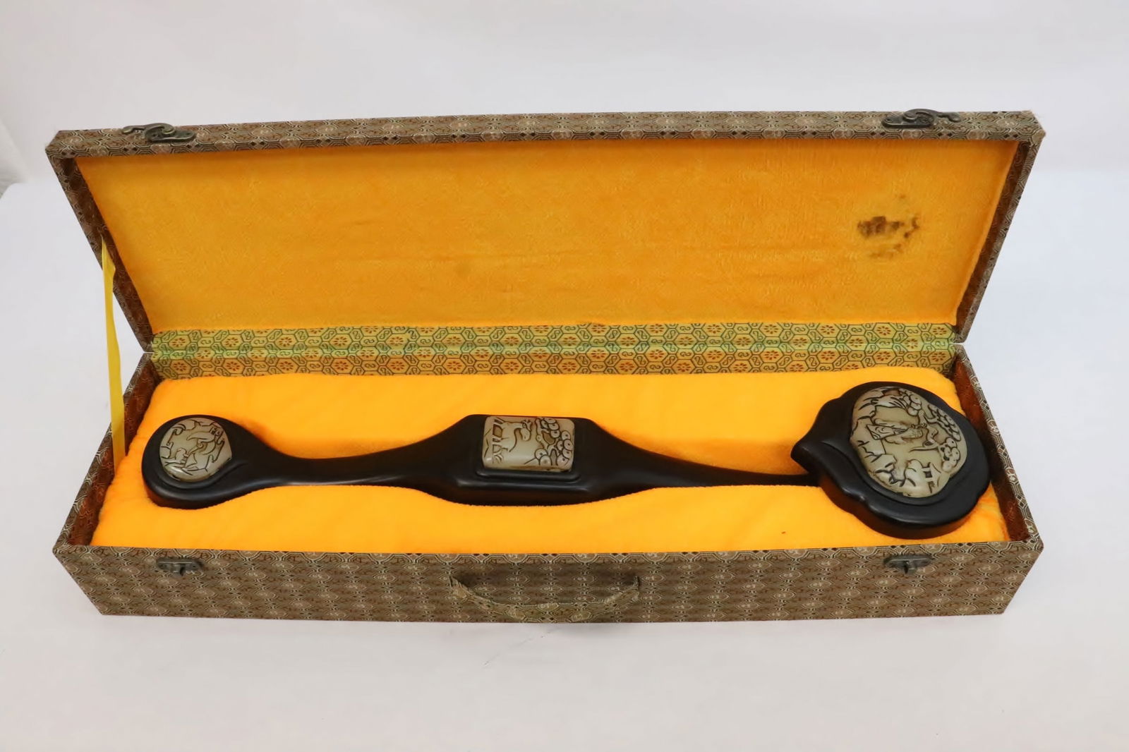 Chinese wood ruyi with Peking glass inset: Chinese wood ruyi with Peking glass inset, 20.4"L