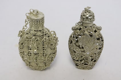 2 white metal scent bottles
