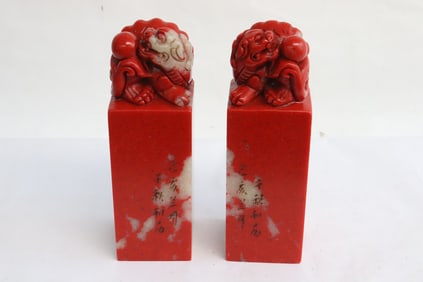 Pair chicken blood style stone carved seals
