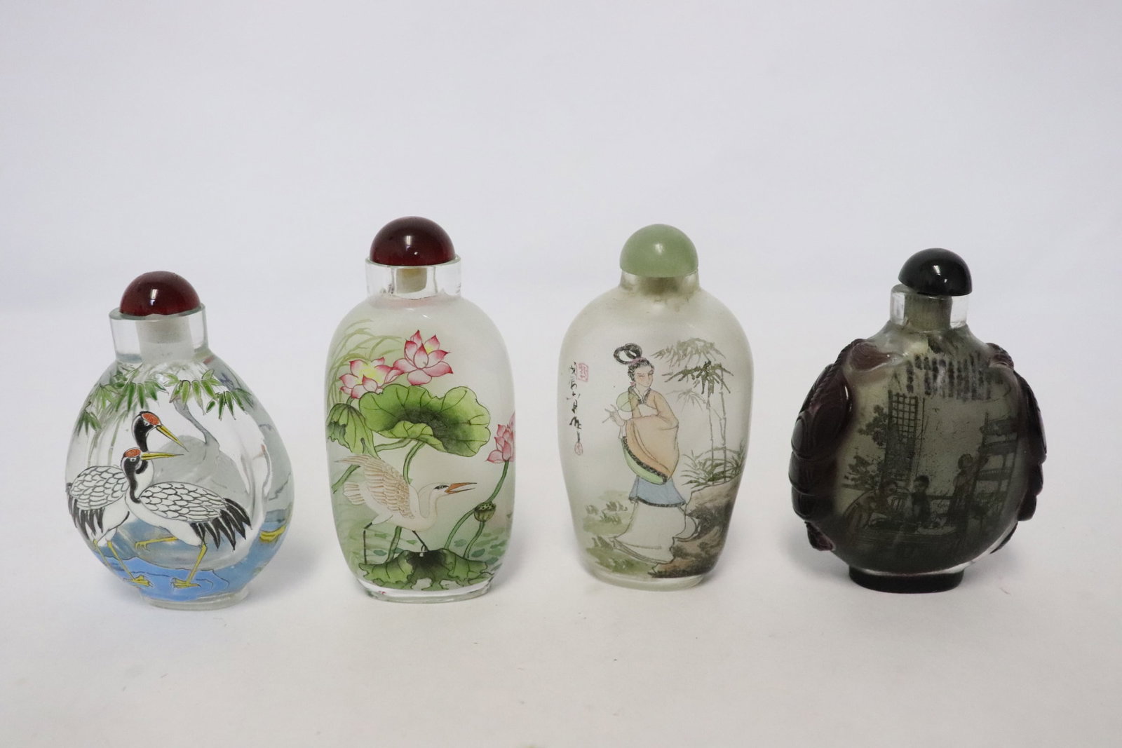 4 inside painted snuff bottles: 4 inside painted snuff bottles, 3"x2"x1.15" - 3.35"x1.6"x0.85"