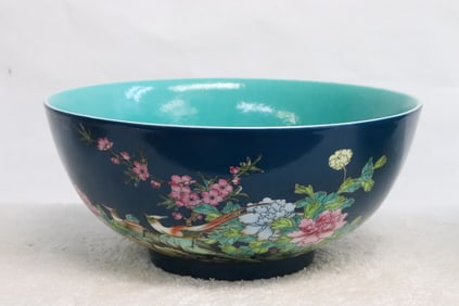 Chinese blue background famille rose porcelain bowl